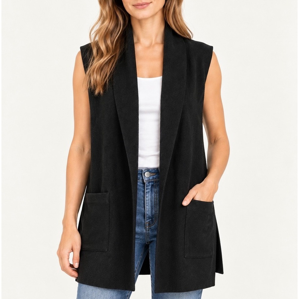Eileen Fisher Vest 100% Wool Shawl Collar Open Front Black Size Medium